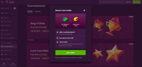 Malina Casino bonusová hra Crab na mobile
